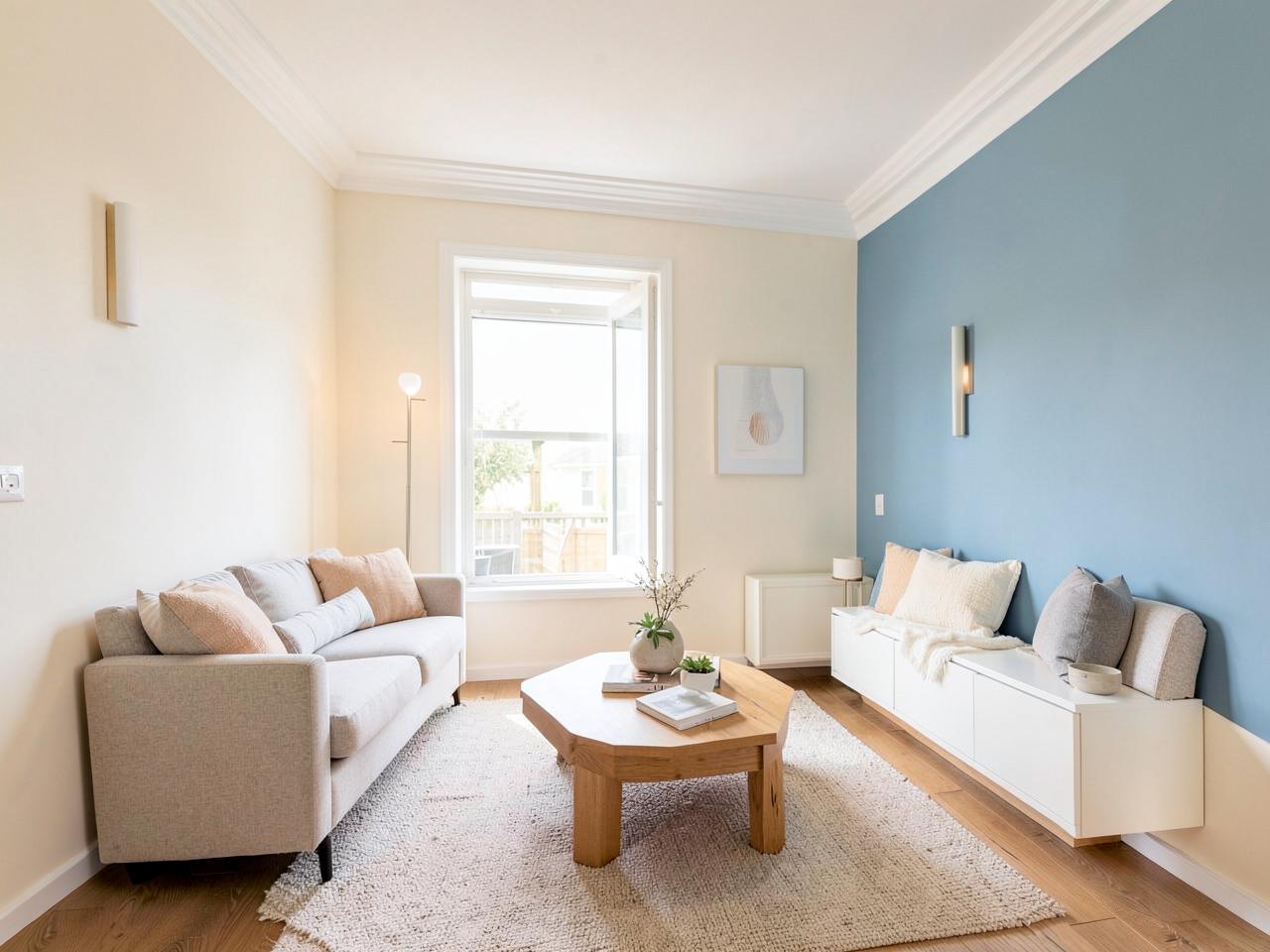 Freshly painted coastal living room with warm white walls and a soft blue accent wall